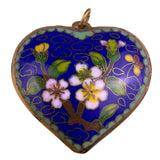 Vintage Cloisonné Enamel Heart Pendant Floral Motif Blue/Green Handmade 