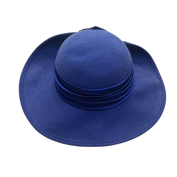 Vintage Gwenn Pennington Womens Blue Wool Wide Brim Hat Ribbon Bow Accent