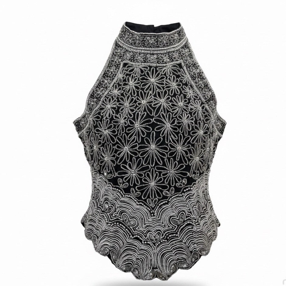Papell Boutique Womens Black Silk Beaded Halter Top Evening Wear Size M