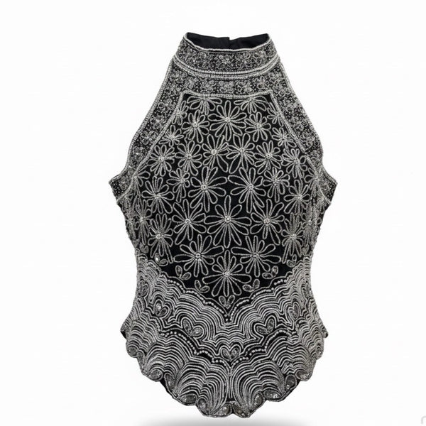 Papell Boutique Womens Black Silk Beaded Halter Top Evening Wear Size M