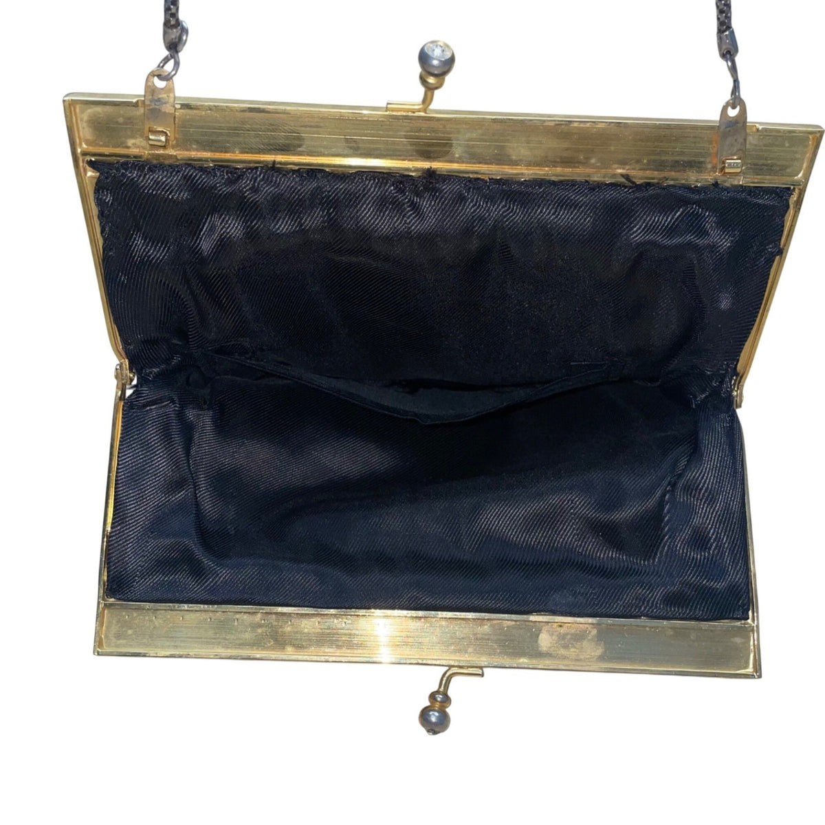 Vintage Women’s Black Floral Embroidered Gold Frame & Chain Strap Purse Handbag