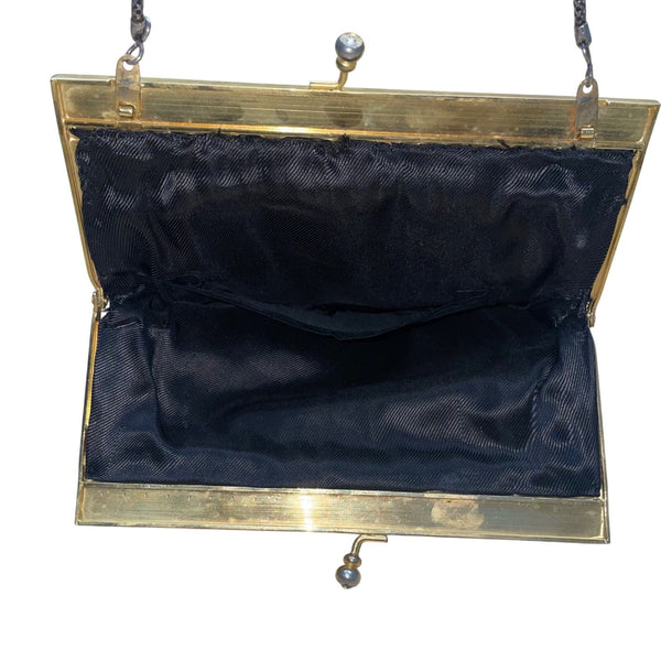 Vintage Women’s Black Floral Embroidered Gold Frame & Chain Strap Purse Handbag