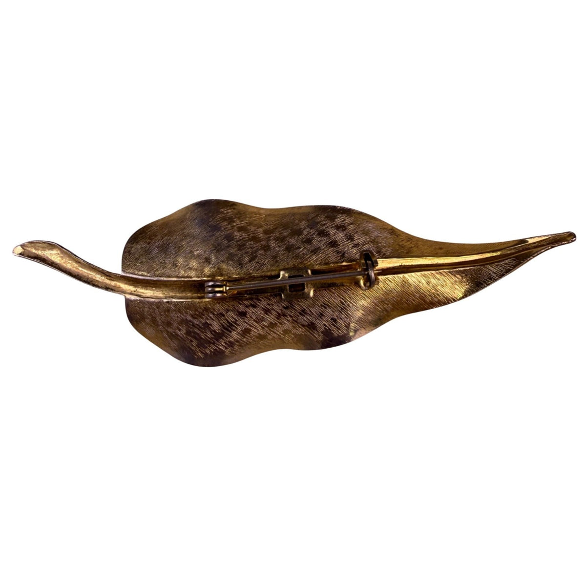 Vintage Gold-Tone Womens Leaf Brooch W/Yellow Rhinestones & Woven Textured