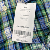 Carters Baby Boys Green & Blue Plaid Button-Up Bodysuit Size 3M - New