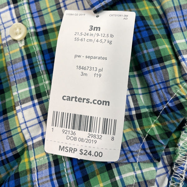 Carters Baby Boys Green & Blue Plaid Button-Up Bodysuit Size 3M - New