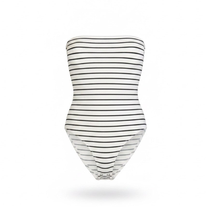 American Eagle Women Black & White Stripe Bodysuit Soft & Sexy Rib Size S