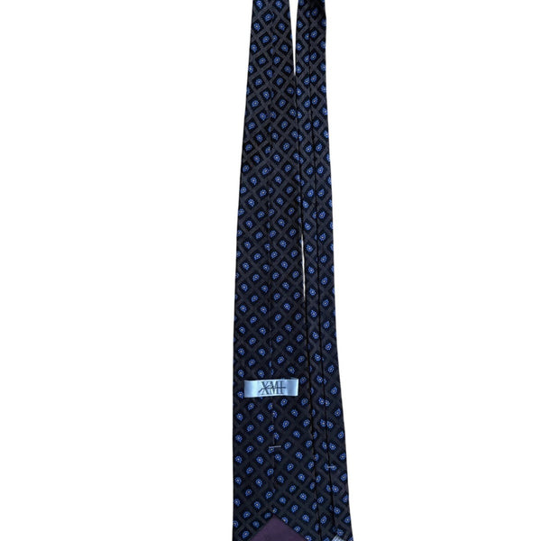 XM Platinum All Silk Handmade Tie Black With Blue Floral Pattern Made In USA