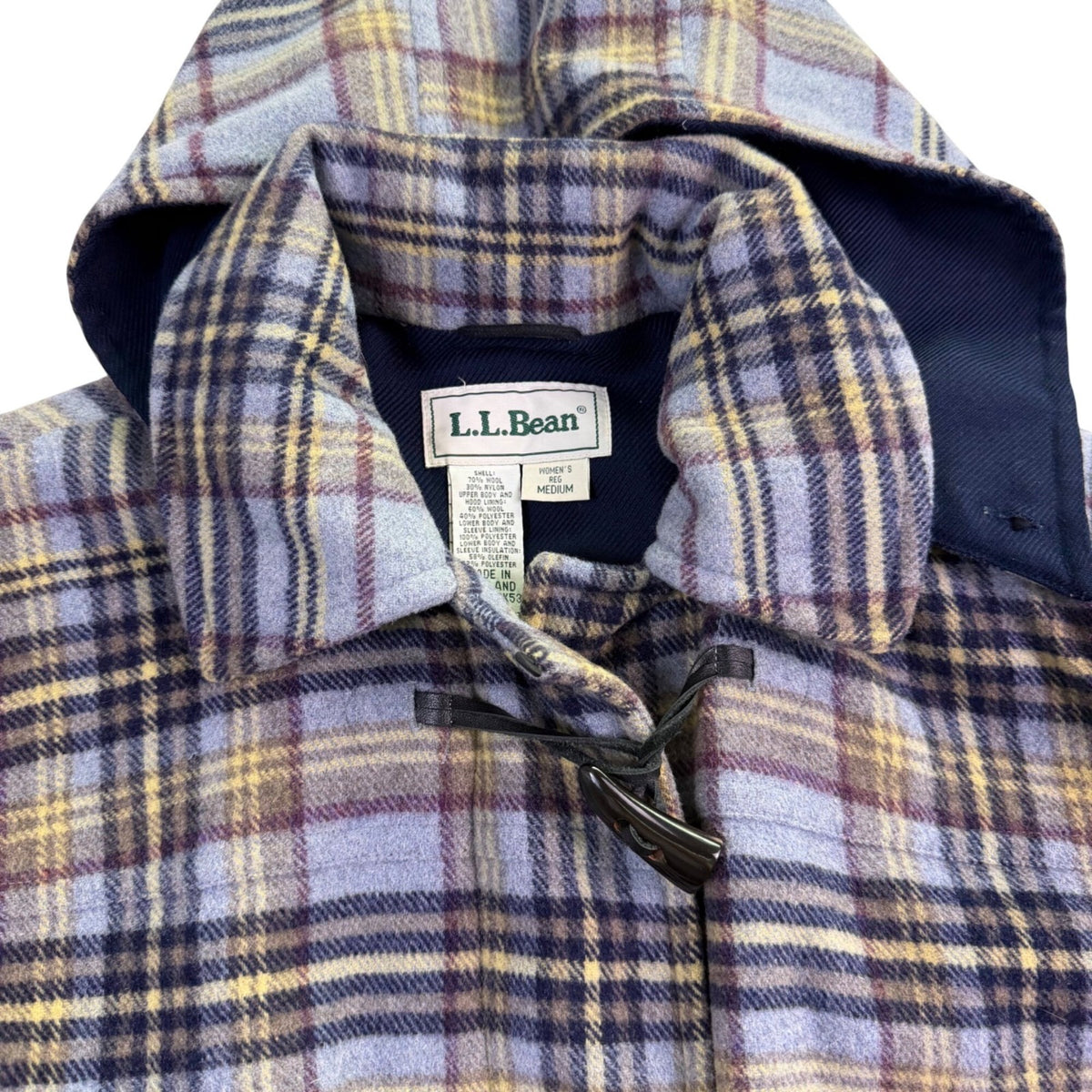 L.L. Bean Womens Plaid Wool-Blend Hooded Toggle Coat Blue/Yellow Sz M