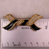 Swarovski Womens Gold Tone Black Enamel Crystal Ribbon Brooch Pin Vintage