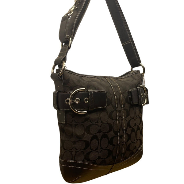 Coach Women’s Black Monogram & Leather Details Adjustable Strap Shoulder Bag