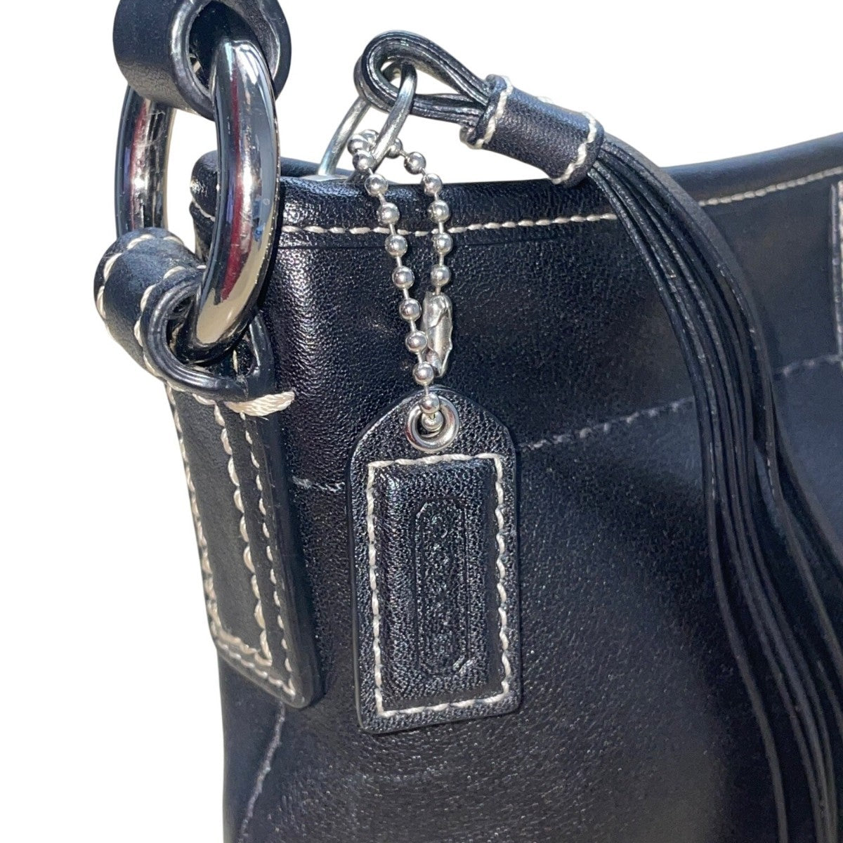 Coach Women’s Black Leather With Tassel Accent & Stitch Detailing Crossbody Bag