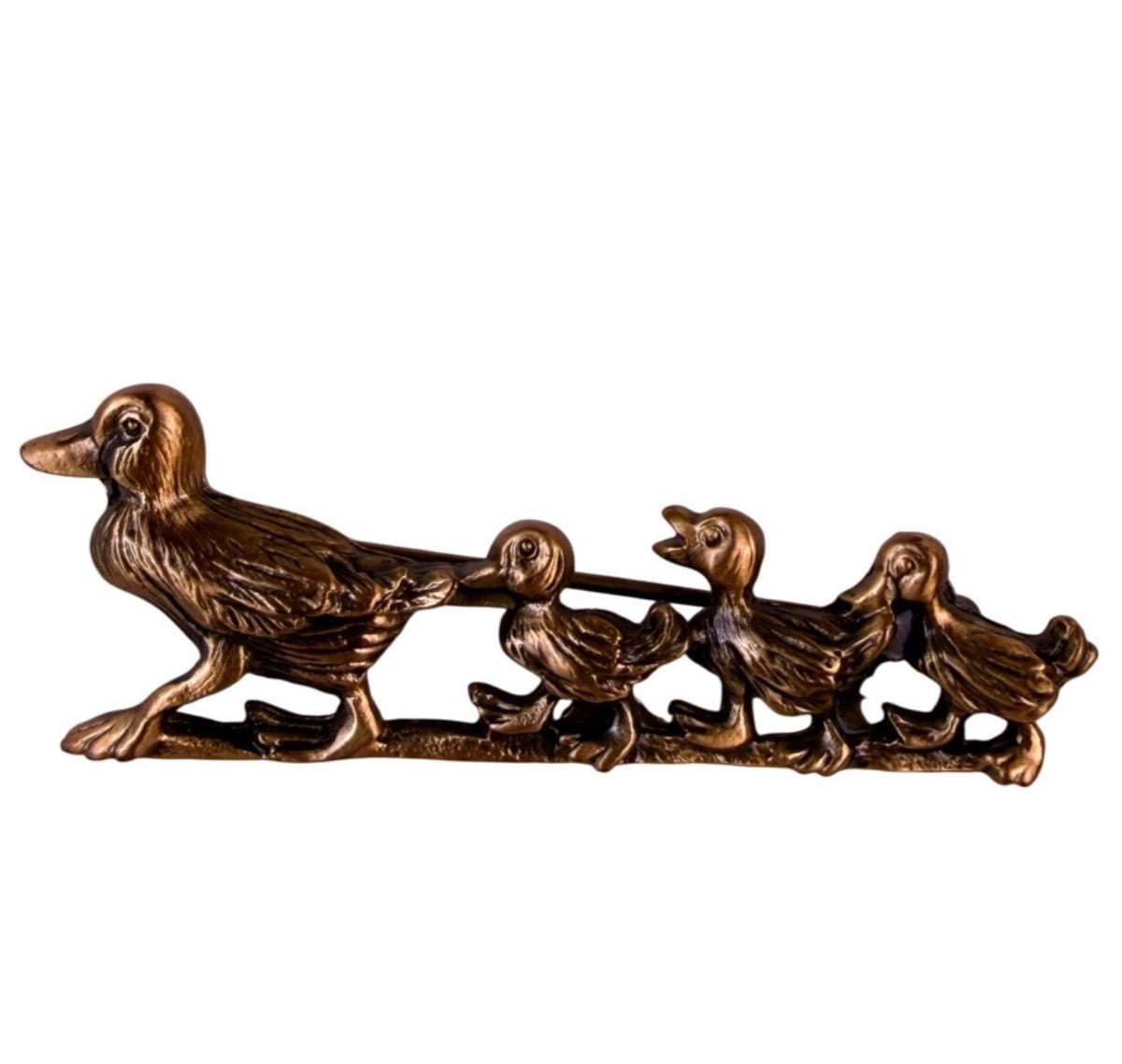 Bronze Tone Vintage Metal Duck Family Brooch Mother & Three Ducklings Pin