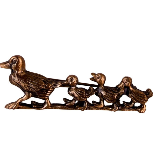 Bronze Tone Vintage Metal Duck Family Brooch Mother & Three Ducklings Pin