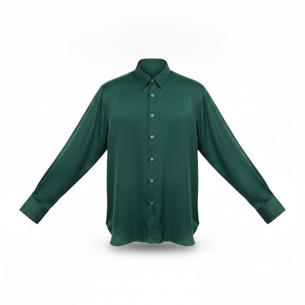 Zara Womens Green Satin Button-Up Long Sleeve Shirt Chic Fashion Sz XL
