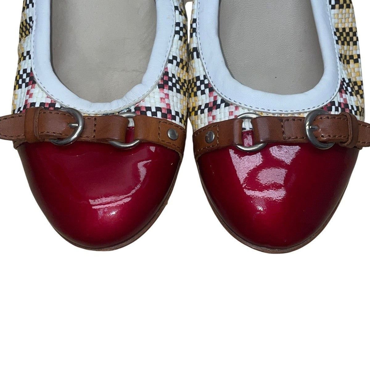 AGL Women’s White Multicolor Patterned Woven Leather Cap Toe Buckle Flats Sz 9US