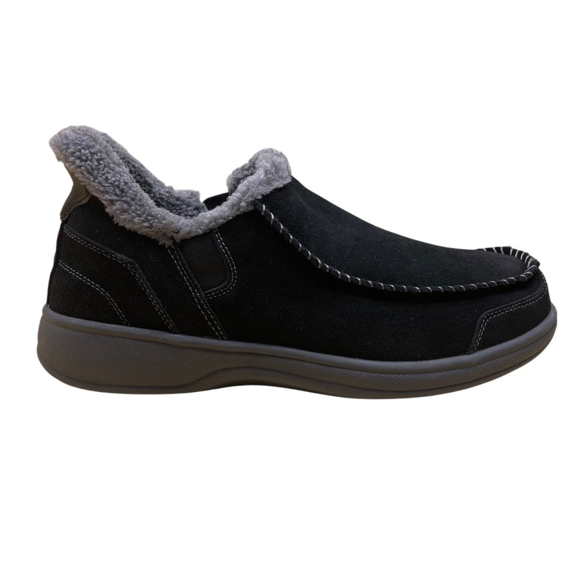 Orthofeet Men’s Black Leather With Faux Fur Lining Slip-On Slippers Size 12 Wide