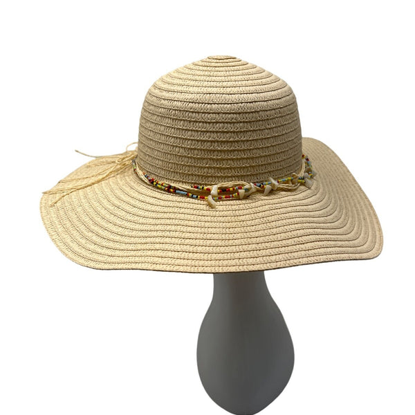 Head Wear Wide Brim Straw Sun Hat With Beaded & Shell Band For Women