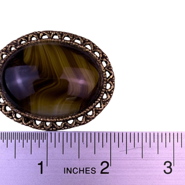 Germany Womens Olive Green Brown Slag Glass Brooch Filigree Frame