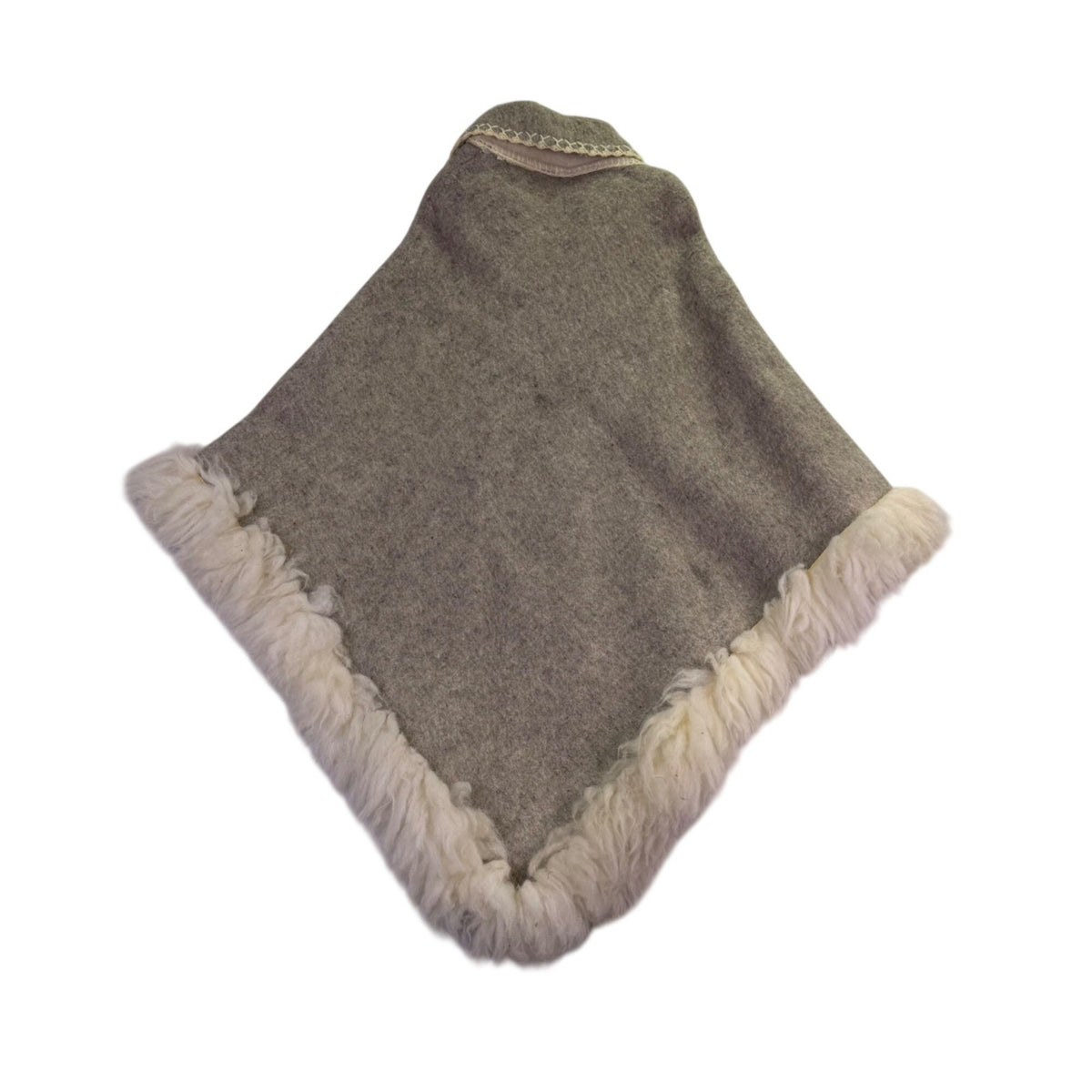 Womens Beige Alpaca-Inspired Embroidered Wool Poncho W/ Fringe & Fur Trim