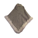 Womens Beige Alpaca-Inspired Embroidered Wool Poncho W/ Fringe & Fur Trim