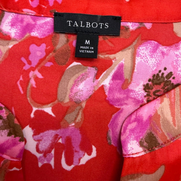 Talbots Women’s Red Floral Polyester Blend Long Sleeve V-Neck Blouse Sz M