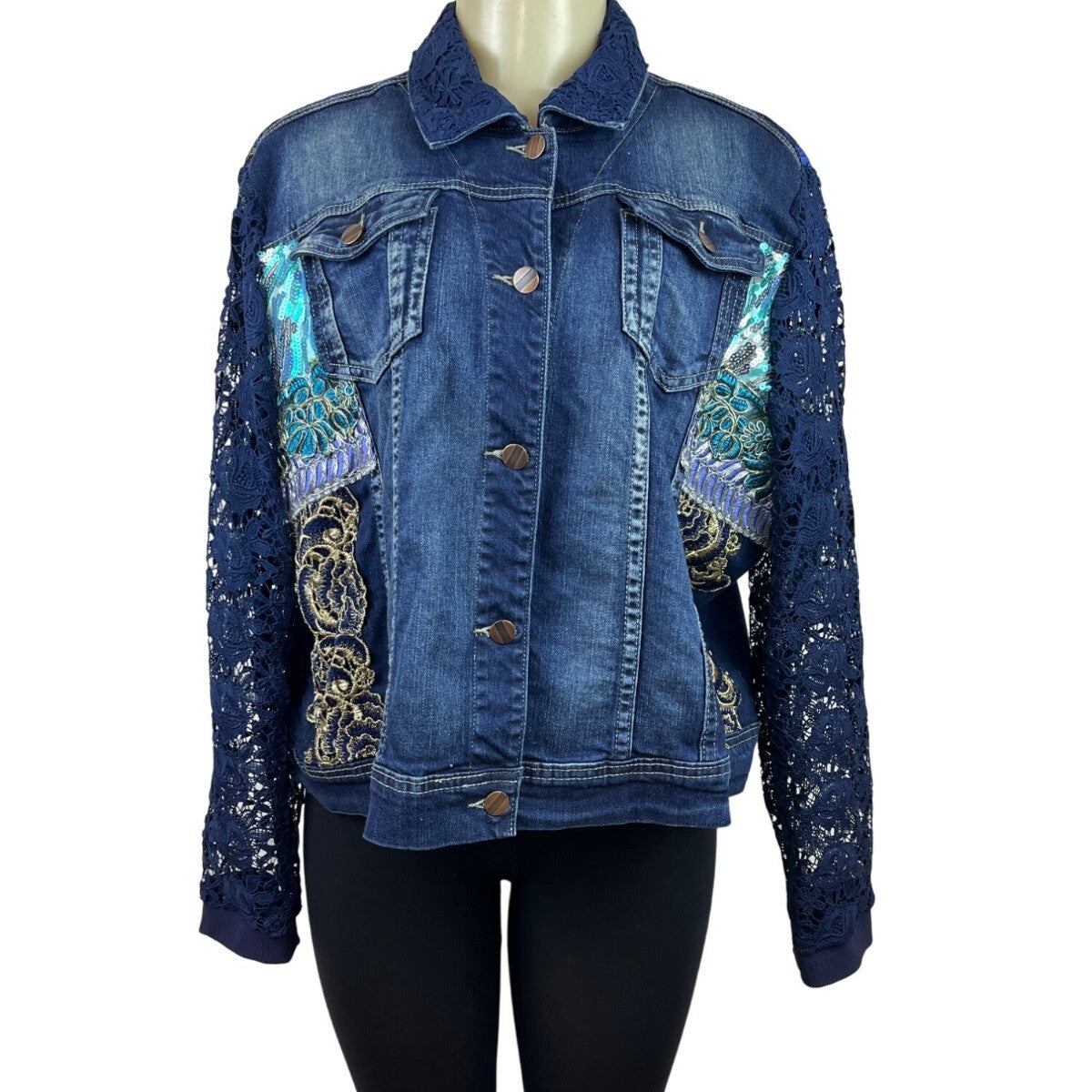 Berek Womens Medium Denim Jacket With Lace Sleeves Size 1X