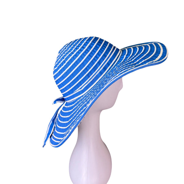 Kokin Womens Blue & White Striped Floppy Wide Brim Sun Hat Ribbon Tie
