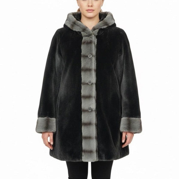 Dennis Basso Womens Black Faux Fur Hooded Coat Stylish Warm Outerwear Sz L