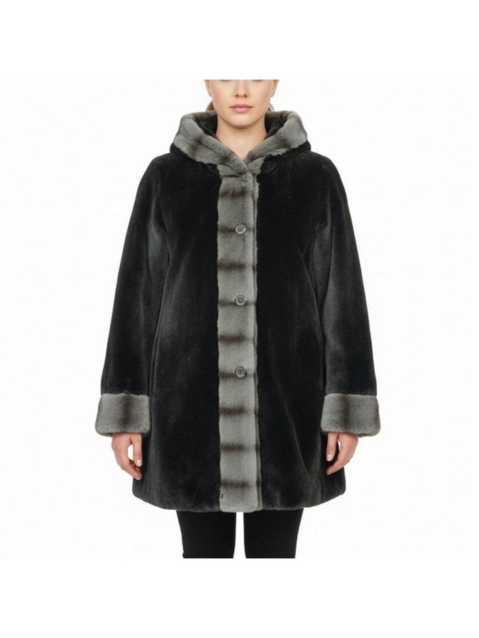 Dennis Basso Womens Black Faux Fur Hooded Coat Stylish Warm Outerwear Sz L