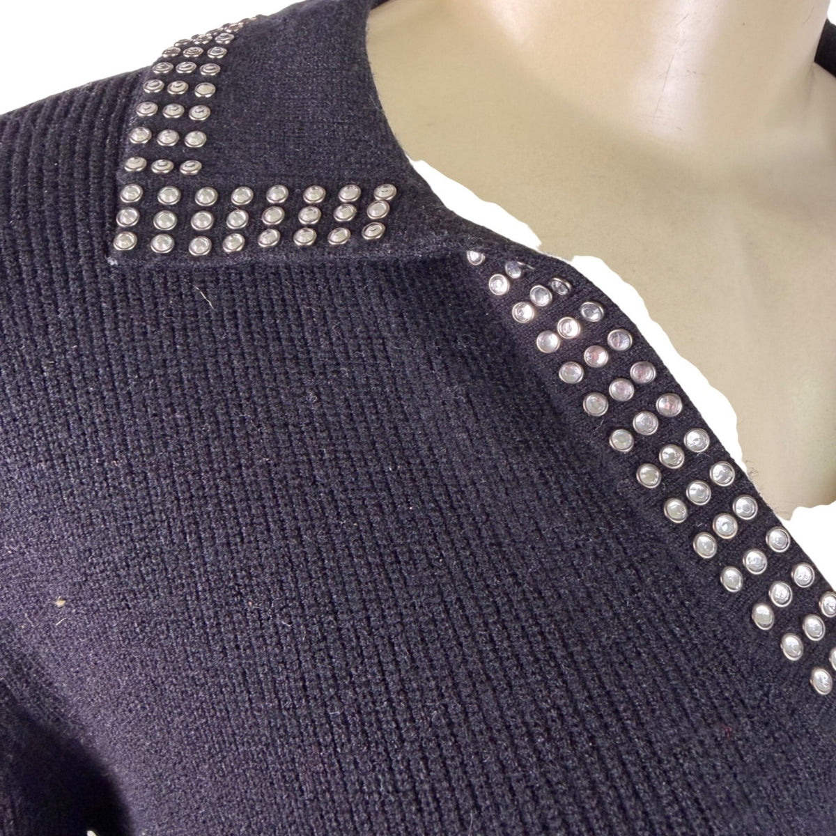 Liv Milano Womens Black Sweater Rhinestone Collar 3/4 Sleeves Pullover Sz XS