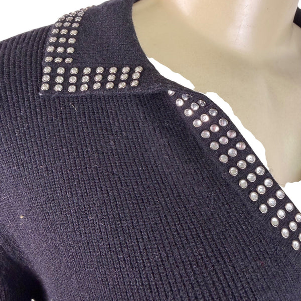 Liv Milano Womens Black Sweater Rhinestone Collar 3/4 Sleeves Pullover Sz XS