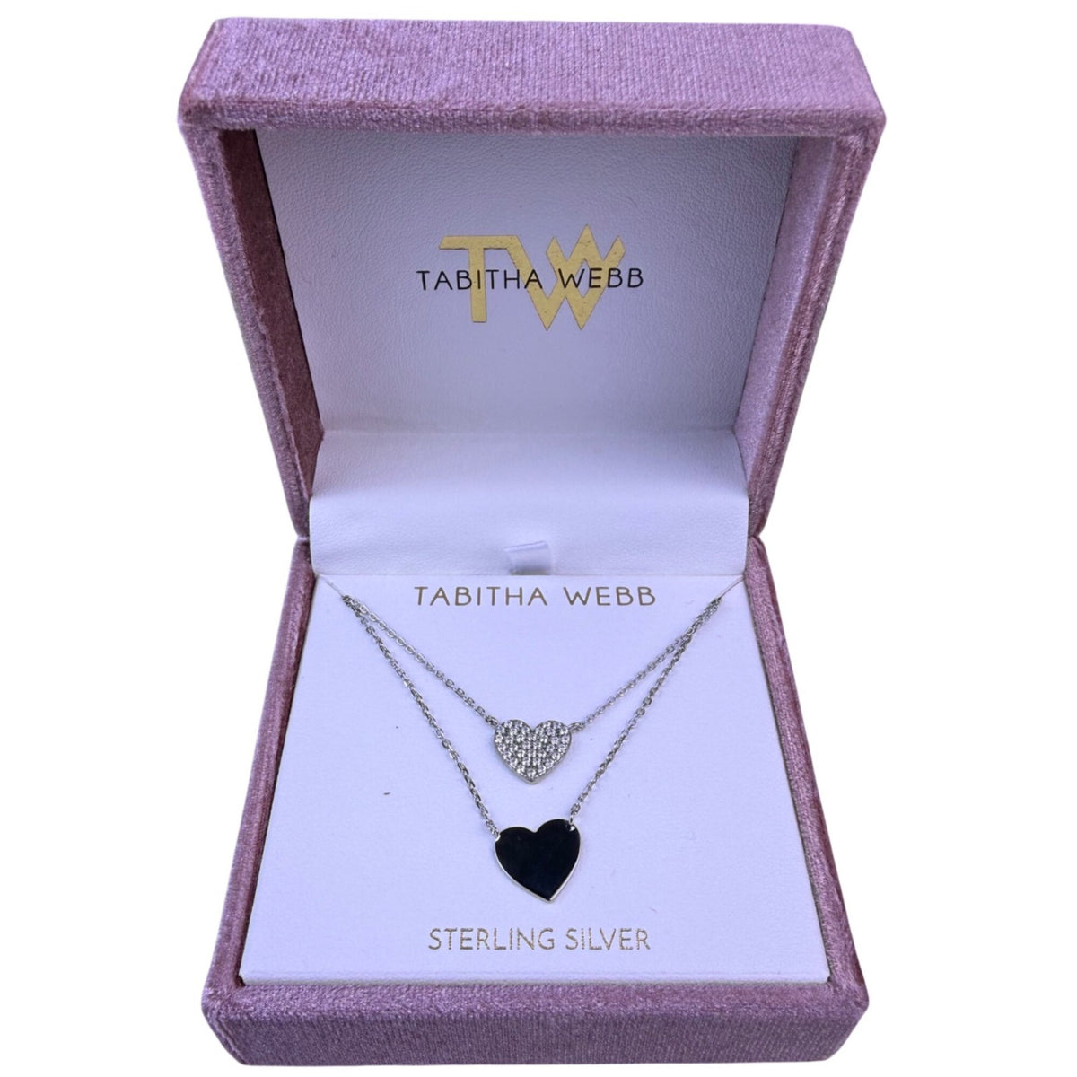 Tabitha Webb Sterling Silver Womens Double Heart Set Necklace W/ Cubic Zirconia
