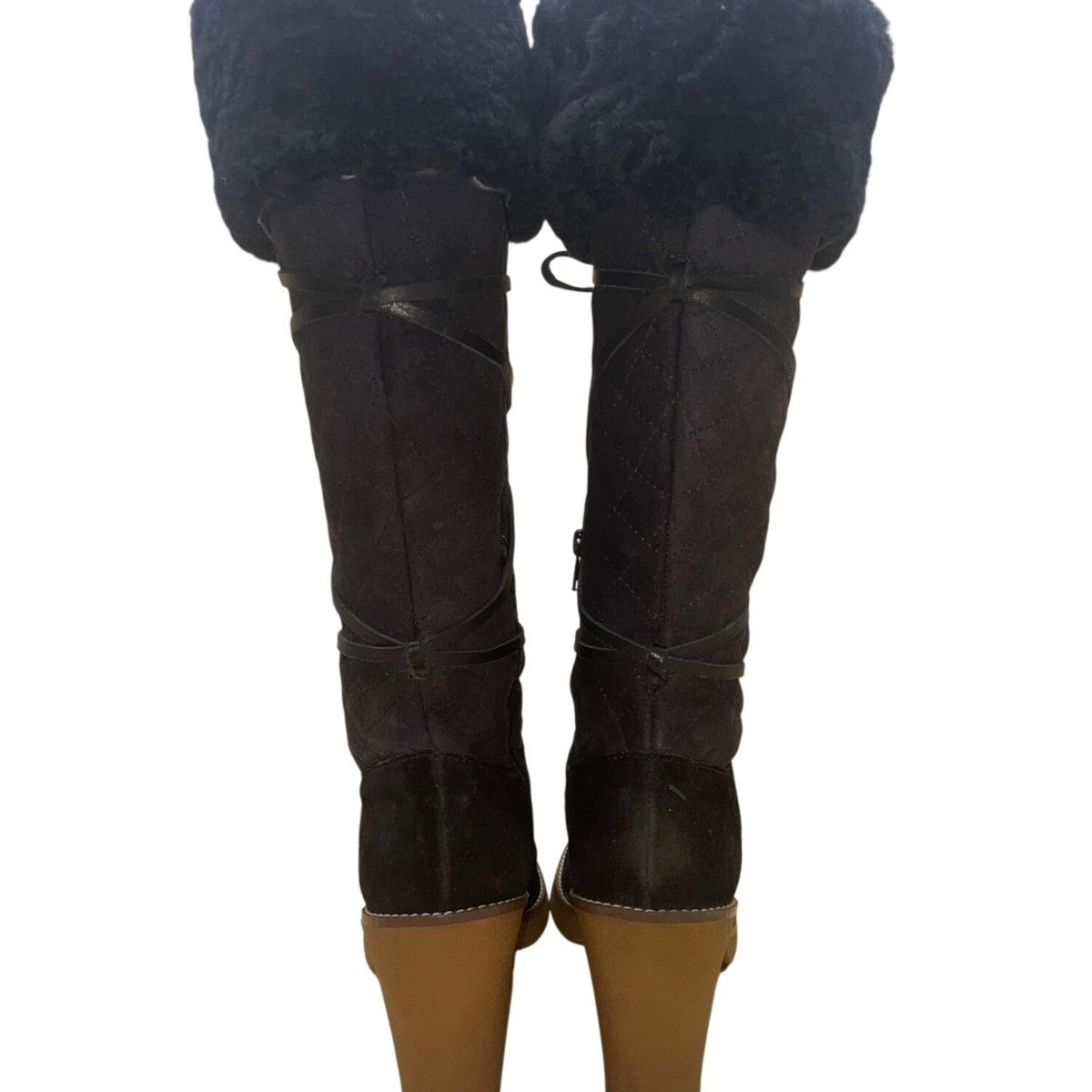 BCBGirls Women’s Black Suede & Faux Fur Quilted Heeled Knee-High Boots Size 8.5