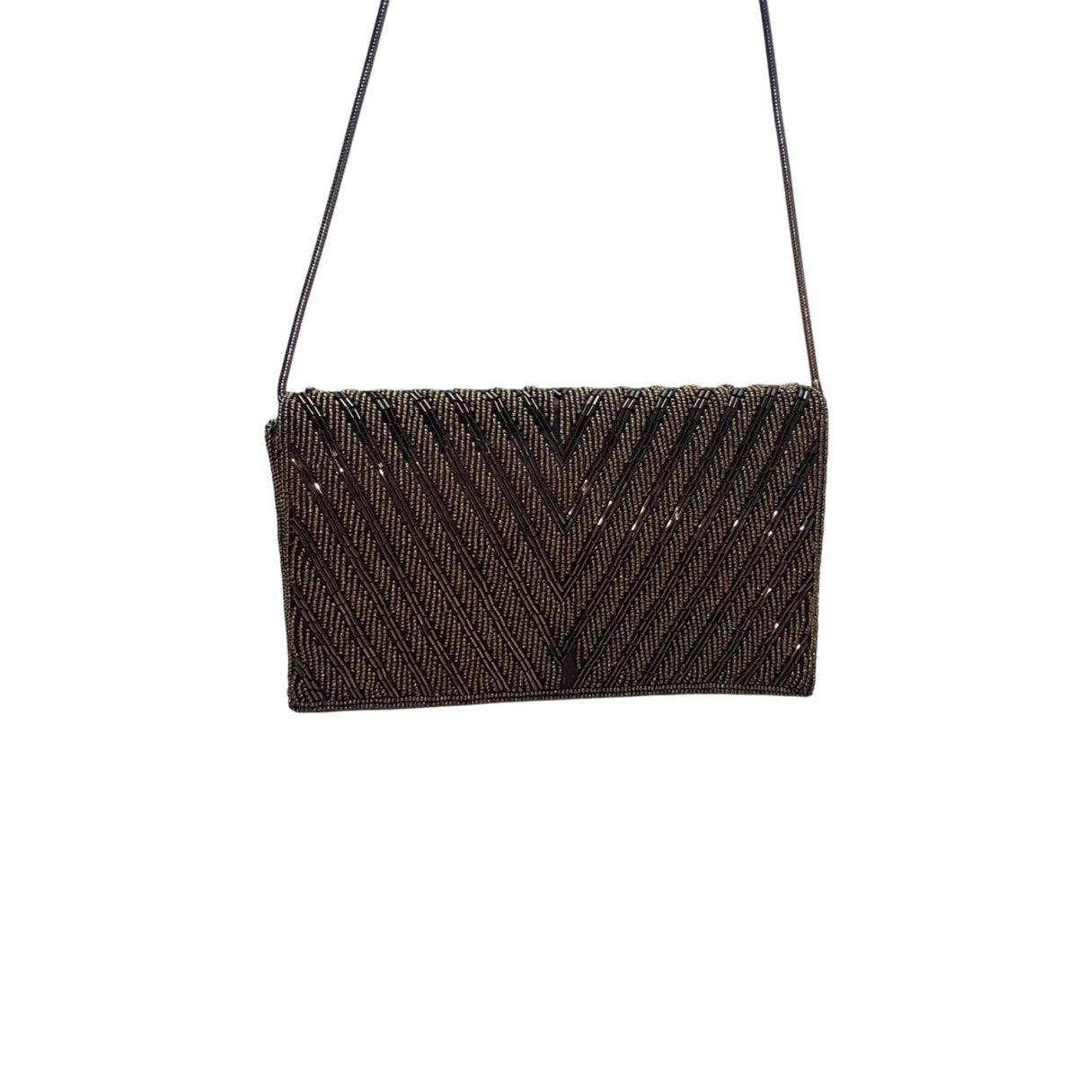 Handmade Women’s Brown & Copper Beaded Chevron Metal Strap Clutch Bag