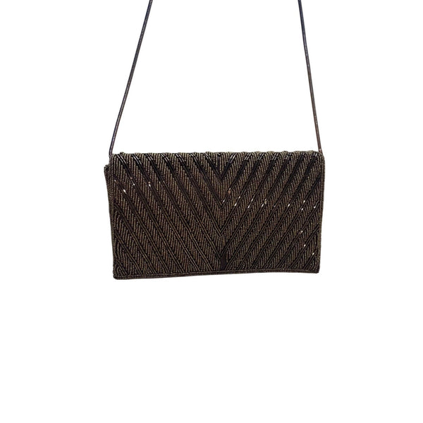 Handmade Women’s Brown & Copper Beaded Chevron Metal Strap Clutch Bag