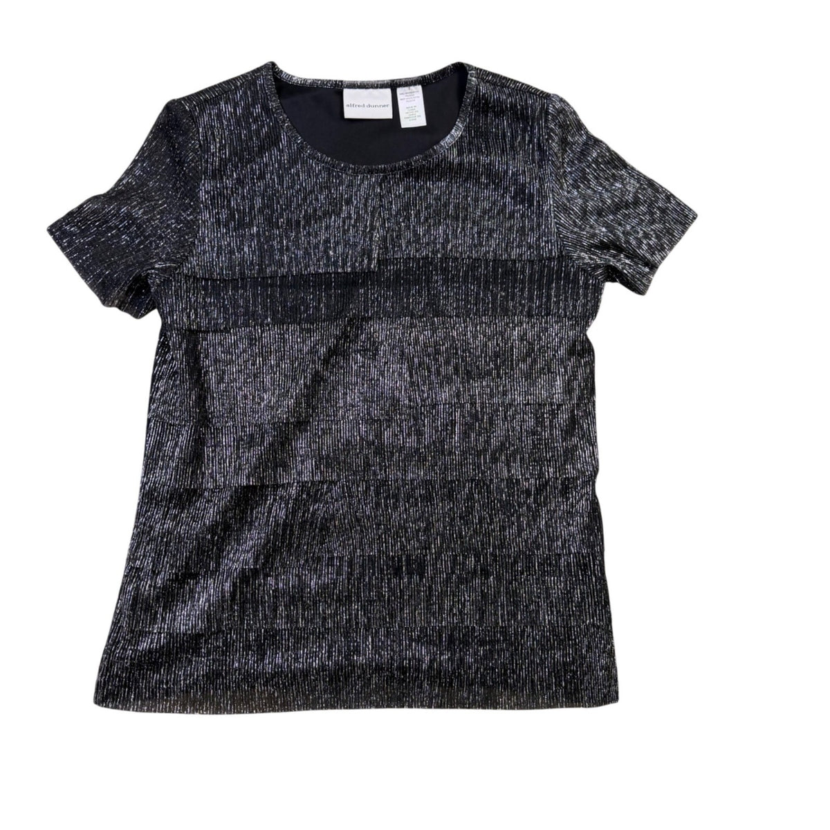 Alfred Dunner Womens Black Top Shimmering Textured Short Sleeve Shirt Size S