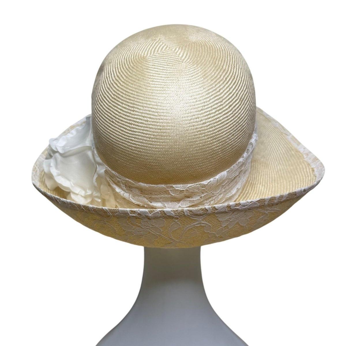 TinaLuxe Womens Beige Lace Wide Brim Cloche Hat White Lace Band Flower Accent OS