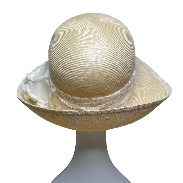 TinaLuxe Womens Beige Lace Wide Brim Cloche Hat White Lace Band Flower Accent OS