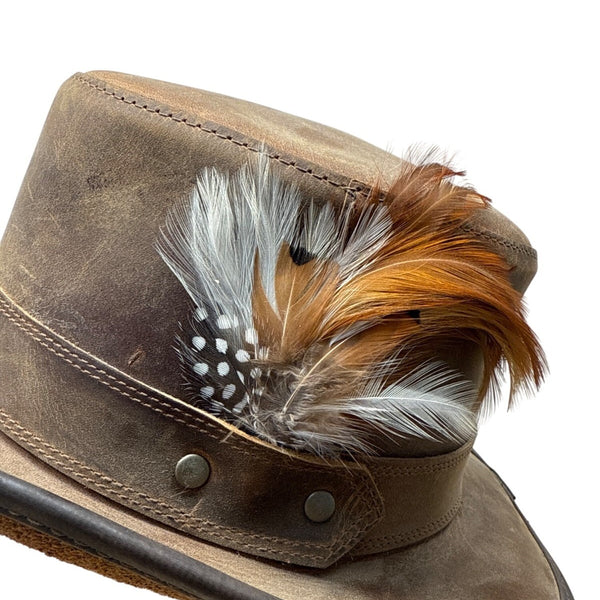 Head N Home Hats Brown Distressed Leather Steampunk Top W/ Feather Stoker Size S