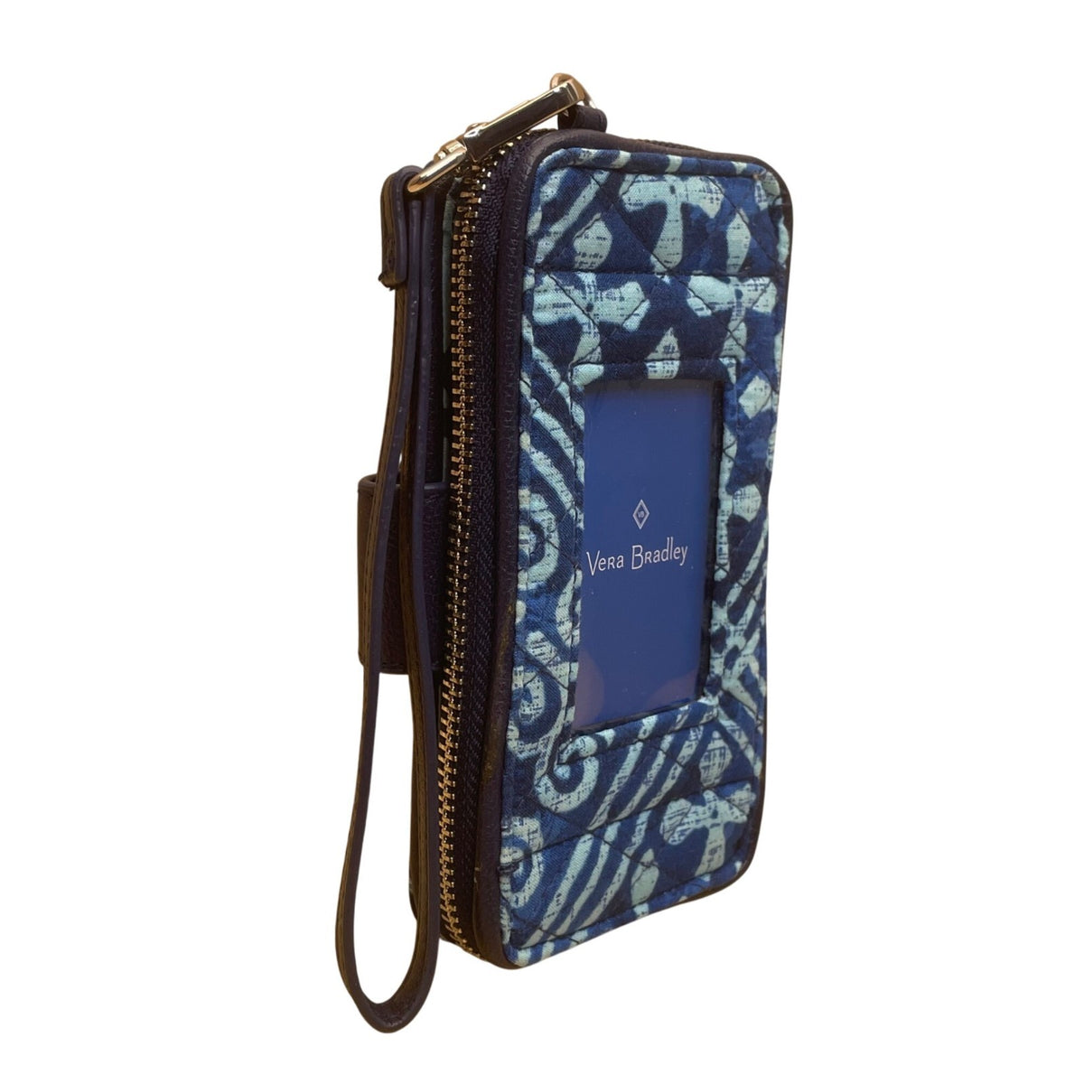 Vera Bradley Women’s Blue Patterned Cotton Zipper And ID Window Wristlet Wallet