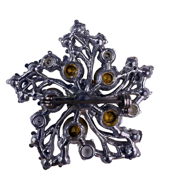 Vintage Silver Tone Womens Rhinestone Brooch Metal Clear Crystal Floral Design