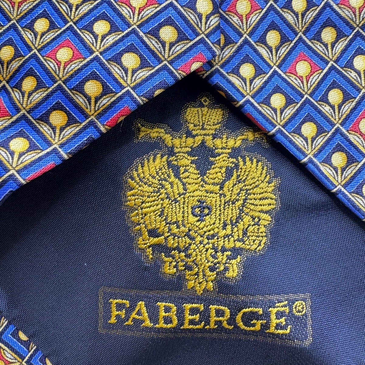 Fabergé Mens Blue All Silk Geometric Patterned Handmade Tie Made In USA