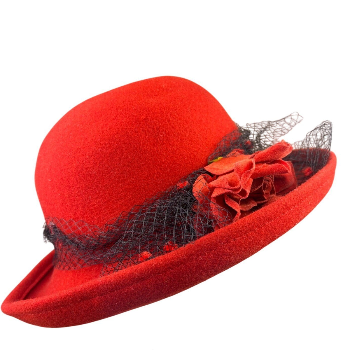 Street Smart Womens Red Wool Vintage Hat With Floral & Net Accent OS