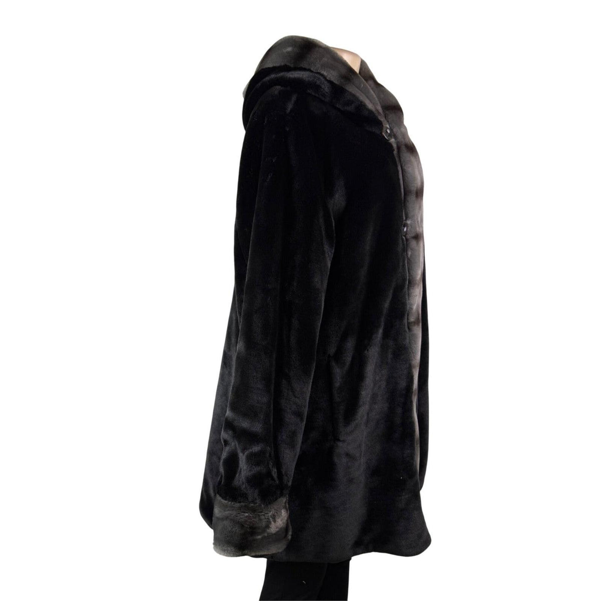 Dennis Basso Womens Black Faux Fur Hooded Coat Stylish Warm Outerwear Sz L