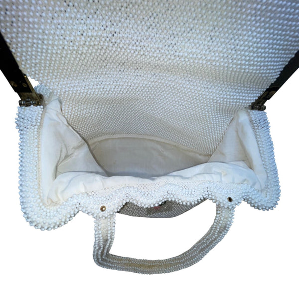 Petite-Bead Womens White Beaded Floral Vintage Scalloped Design Handbag