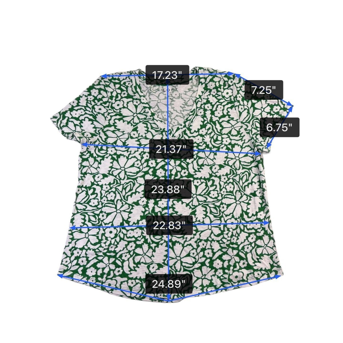 Loft Womens Green & White Floral Print Short Sleeve V-Neck T-Shirt Size XL