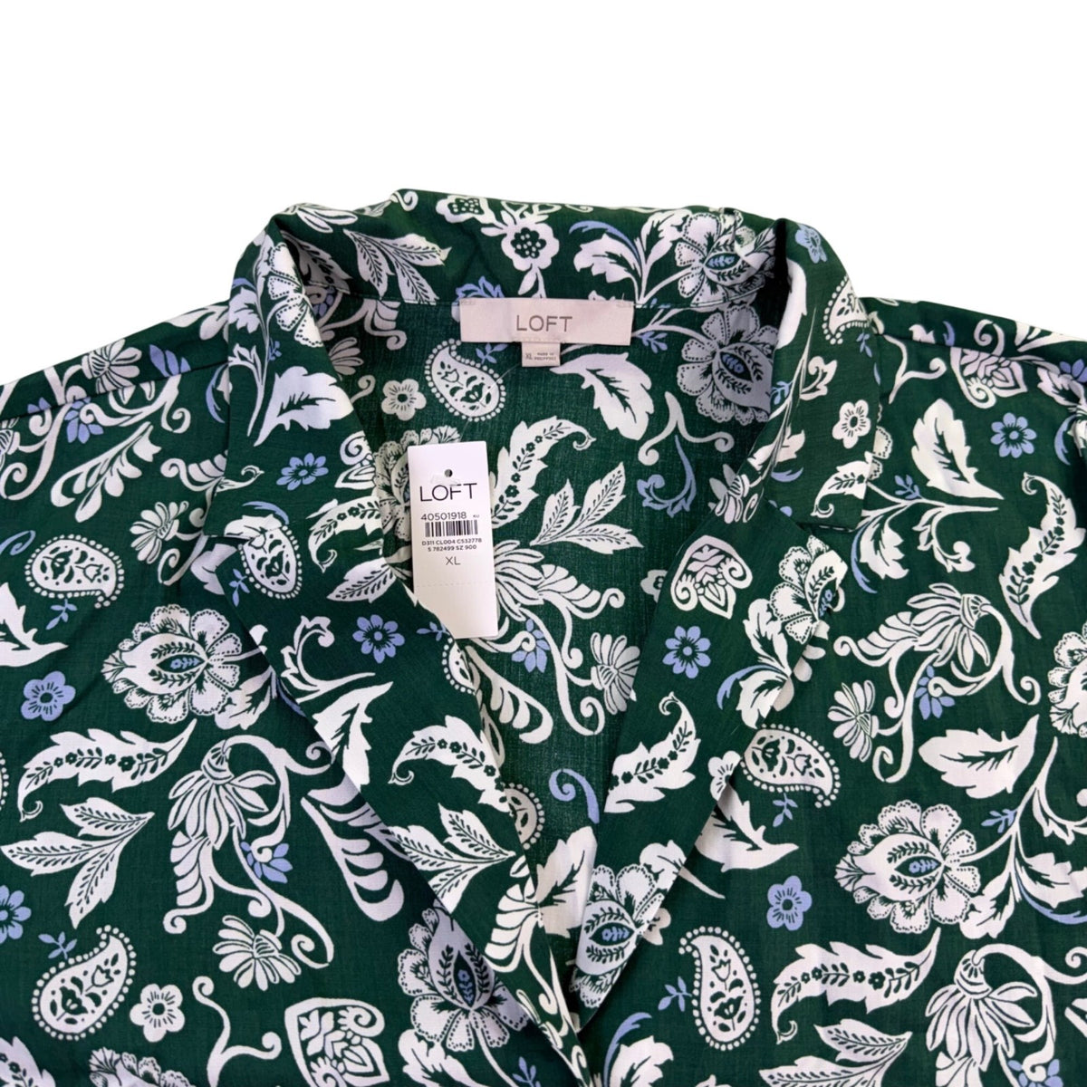 Loft Womens Green Floral Lyocell Short-Sleeve Button-Up Shirt Size XL