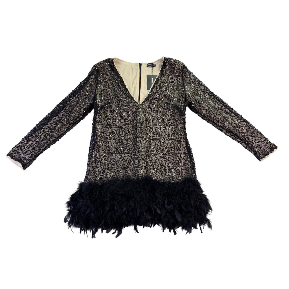Xpluswear Womens Black Sequin Feather Hem Long Sleeve Cocktail Dress Plus Sz XL