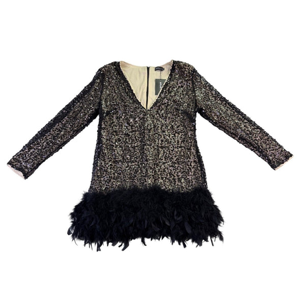 Xpluswear Womens Black Sequin Feather Hem Long Sleeve Cocktail Dress Plus Sz XL