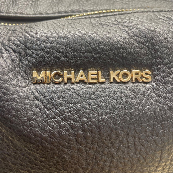 Michael Kors Women’s Black Pebbled Leather Gold Hardware Beige Straps Tote Bag